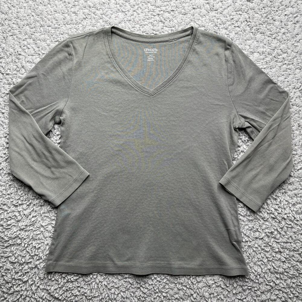 Chicos Shirt Womens 0 Small Gray V-Neck 3/4 Sleeve True Color Tee Green